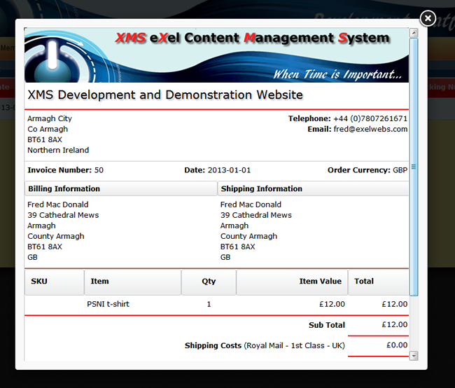 XMS Systems E-Commerce Invoice view