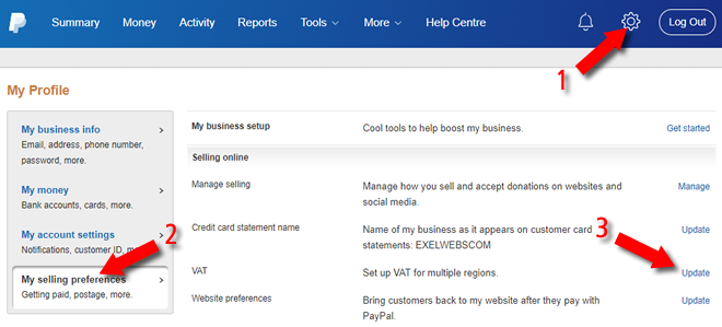 PayPal business Settings