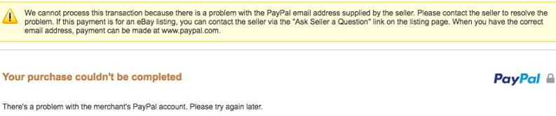 Screenshot of PayPal seller email error