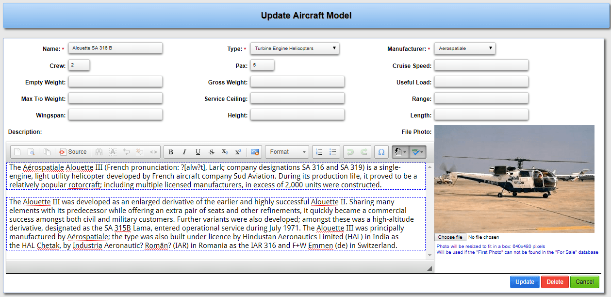 Aircraft Model add edit or update