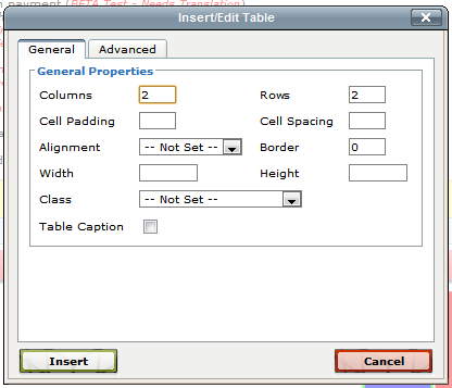 Insert / Update Table dialogue box