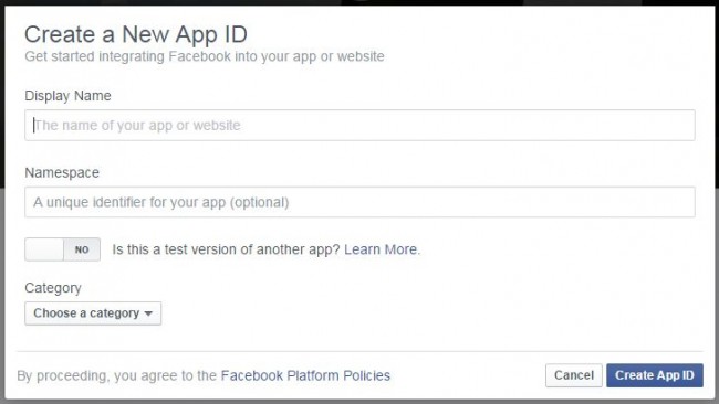 Create new facebook app id screen